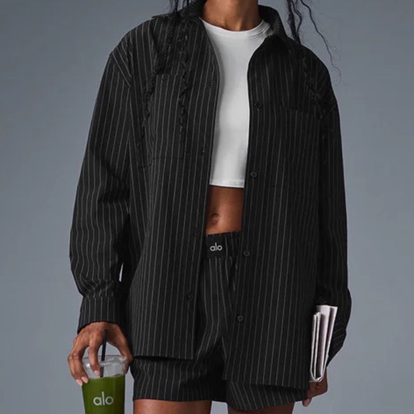 ALO Yoga Tops - Alo Yoga Pinstripe Daylight Button Down Long Sleeve Black/Titanium M